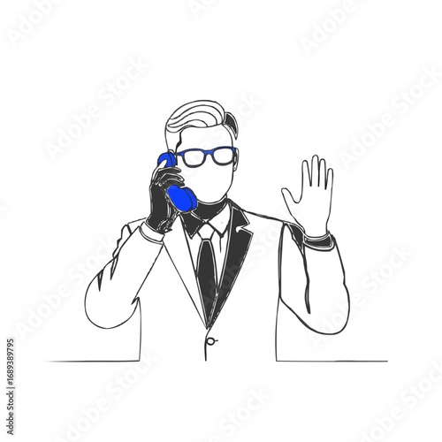 Sleek continuous line art of a professional man with blue glasses and phone, making a call and waving, representing modern business communication, connection, and greeting