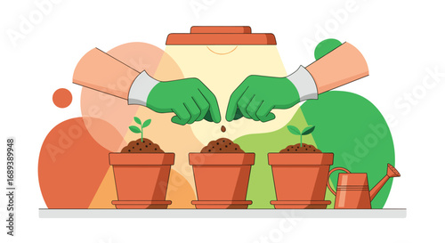 Nurturing growth hands planting seeds in pots under warm light, symbolizing new beginnings.