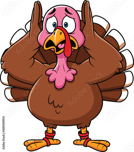 Surprised cartoon turkey with raised wings and wide eyes, humorous festive character perfect for Thanksgiving, kids content, and seasonal branding