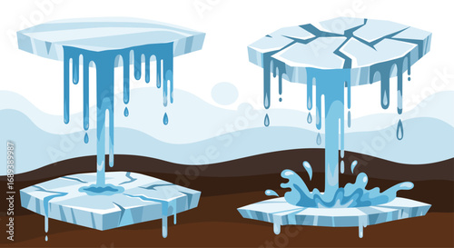Melting ice caps show water dripping, symbolizing climate change and environmental crisis