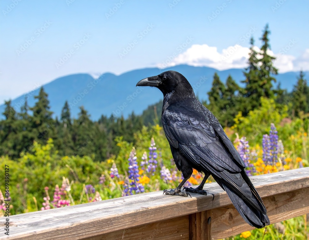 Obraz premium Raven perched on a wooden railing overlooking a vibrant mountain landscape
