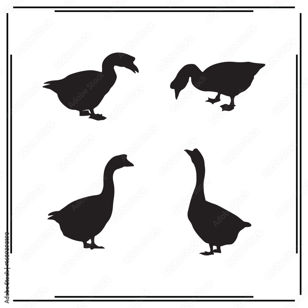 Fototapeta premium Goose Silhouettes Set – Creative Goose Illustrations in Various Poses for Animal Art, Graphic Design, and T-shirt Projects