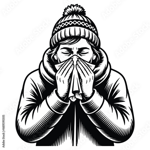 Line Art Drawing of Sick Man Blowing Nose with Tissue – Winter Clothing, Cold Symptoms, Illness Concept, Health and Wellness Illustration