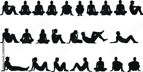 Silhouette collection of diverse people sitting in multiple relaxed poses, vector illustration, casual human figures, design elements for presentations, infographics, animation, and creative projects