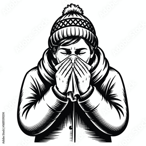 Line Art Drawing of Sick Man Blowing Nose with Tissue – Winter Clothing, Cold Symptoms, Illness Concept, Health and Wellness Illustration