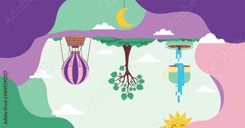 Whimsical dreamscape with hot air balloon, inverted tree, and coffee pouring under moon and sun