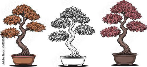 Collection of artistic bonsai trees with orange, pink, and black foliage in pots, detailed miniature plant illustrations, isolated on white background
