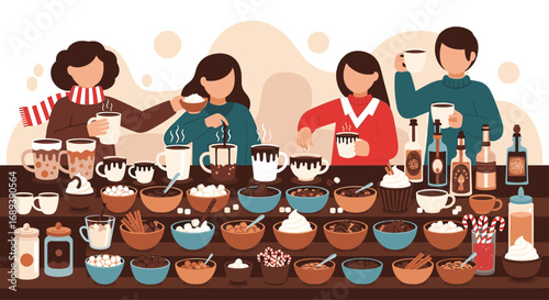 Friends gather for a delightful hot chocolate bar with abundant toppings and cozy drinks