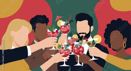 Diverse friends clinking glasses with festive cocktails celebrating a joyous occasion