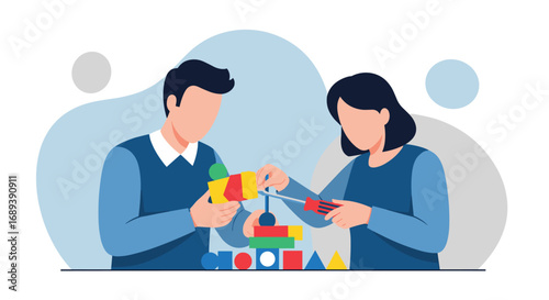 Teamwork building innovative solutions with colorful blocks and tools for project success