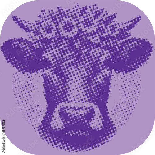 Hipster Cow Art Print: Purple Halftone Design with Floral Crown and Eyeliner.