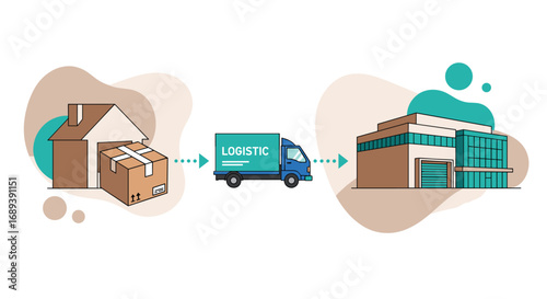 Efficient delivery truck transports package from warehouse to modern building seamlessly
