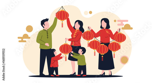 Joyful family decorates for Lunar New Year, hanging red lanterns together with smiles