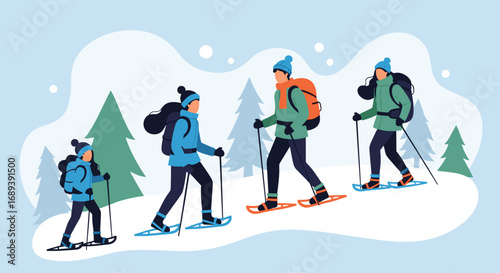 Family enjoys winter adventure snowshoeing through snowy forest with backpacks