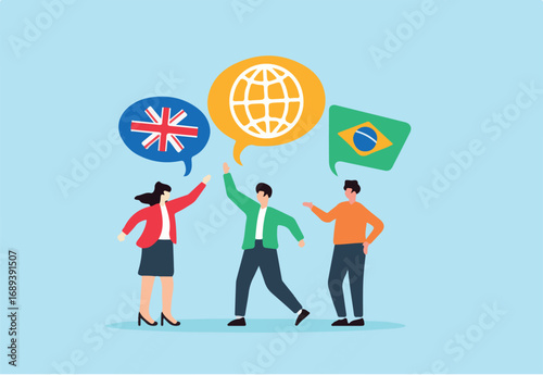 Flat illustration of diverse people using different languages with global icons for multilingual communication and connection