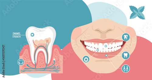 Healthy smile and tooth anatomy infographic showcasing enamel strength and dental care icons