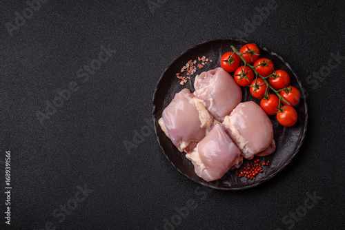 Chicken or turkey raw thigh fillet, skinless and boneless poultry meat. Chicken thigh fillet