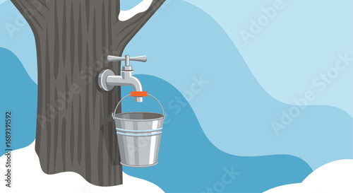 Collecting maple sap in winter from tree with bucket and spigot for syrup production