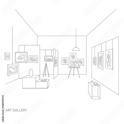 Art Gallery Interior Sketch: Minimalist Line Drawing of an Exhibition Space