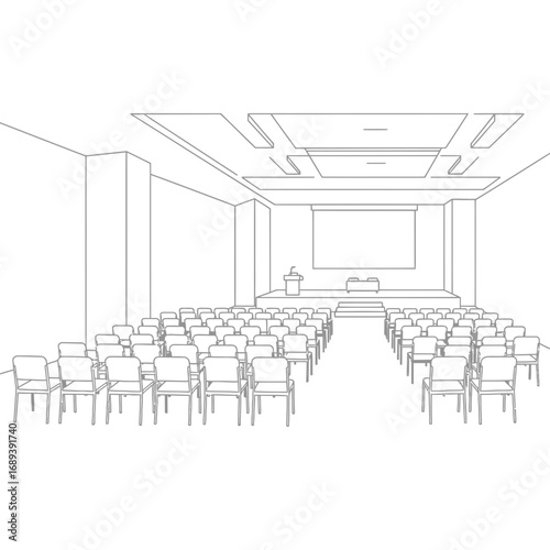 Auditorium Sketch: Rows of Chairs Facing a Stage
