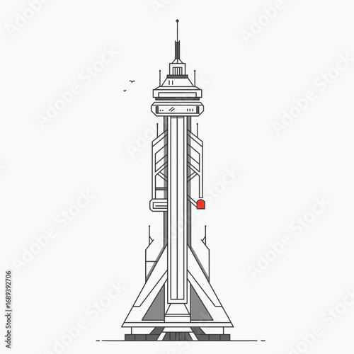Futuristic Tower Illustration: Monochrome Line Art Design
