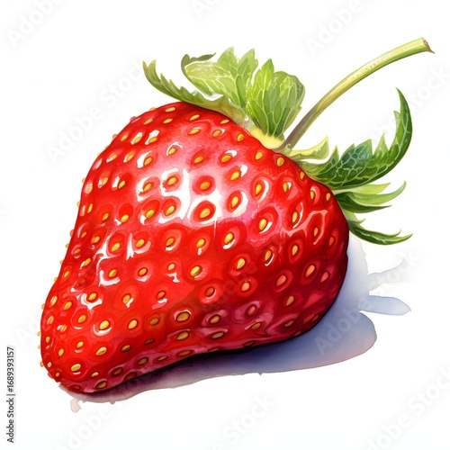 The illustration shows a single strawberry with its vibrant red color, visible seeds, and attached green calyx and stem.