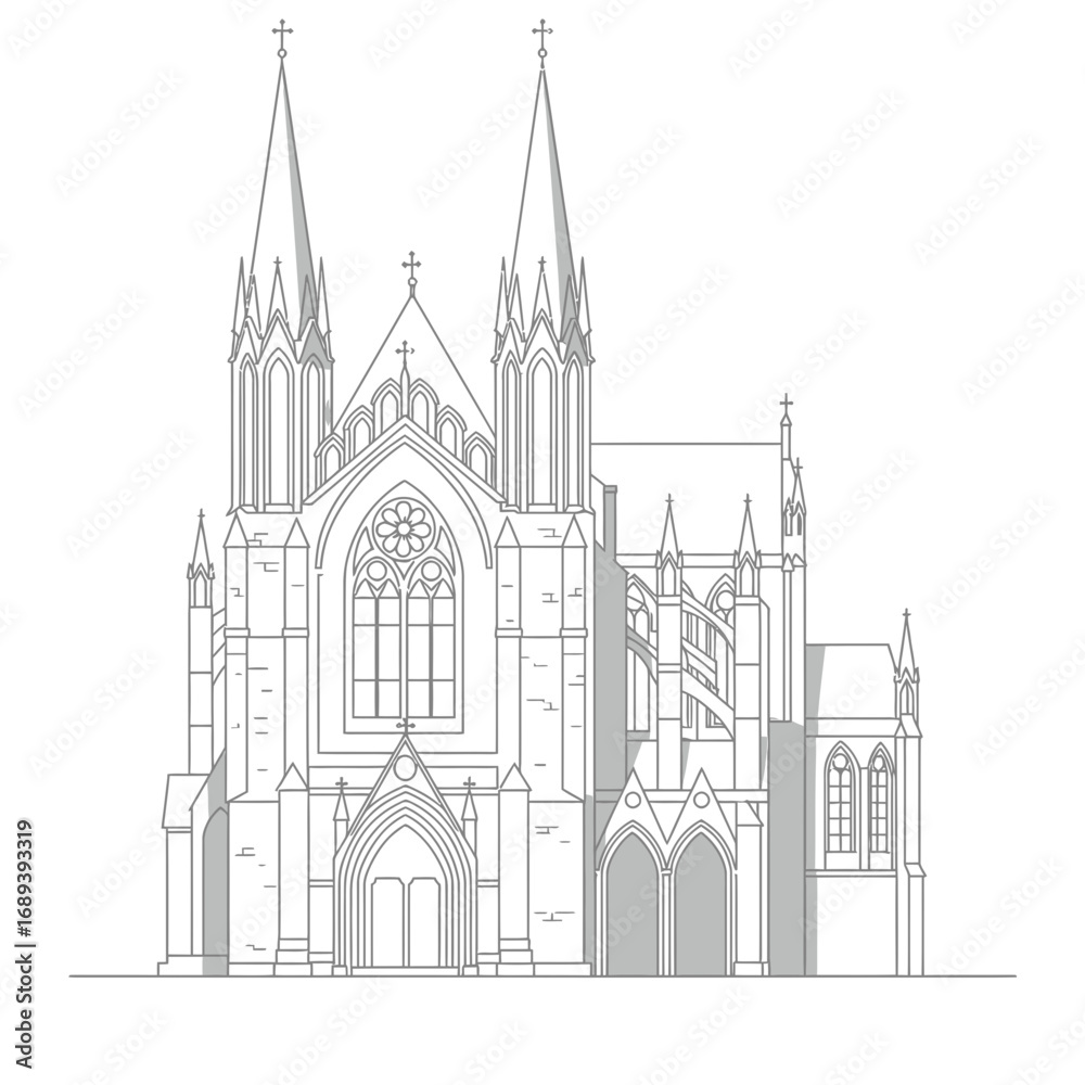 Fototapeta premium Gray Scale Architectural Drawing of Gothic Cathedral