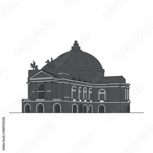 Gray Scale Illustration of a Grand Building with a Dome