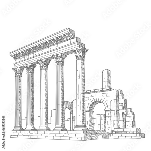 Gray Scale Drawing of Ancient Roman Ruins