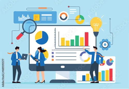 Flat illustration of professionals analyzing competitive data to find market solutions on computer screen