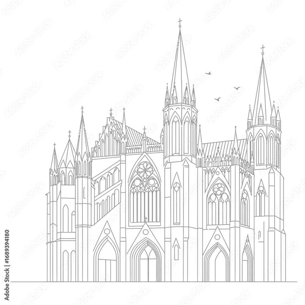 Fototapeta premium Gray-Scale Line Drawing of Gothic Cathedral
