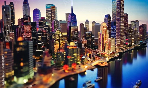 Miniature Metropolis: A Vibrant Tilt-Shift View of a Cityscape at Dusk