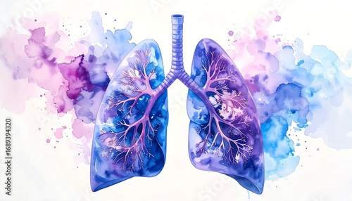 Anatomical illustration of lungs with colorful watercolor effects in shades of blue, purple, and pink against a white backdrop. Evokes a sense of artistic expression and medical accuracy