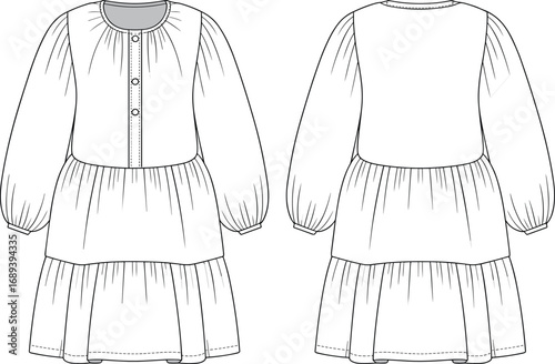 Fashion flat sketch of long sleeve tiered dress with gathered neckline, front button closure, back view, technical vector drawing