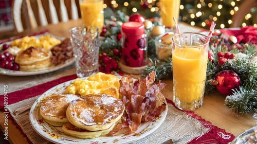 Delicious Christmas Breakfast Spread: Pancakes with Maple Syrup, Scrambled Eggs, Bacon, and Orange Juice on a Festive Red and Green Table Setting - Perfect Holiday Brunch Idea