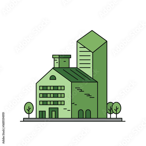 Green Cityscape Illustration Featuring Modern and Classic Buildings
