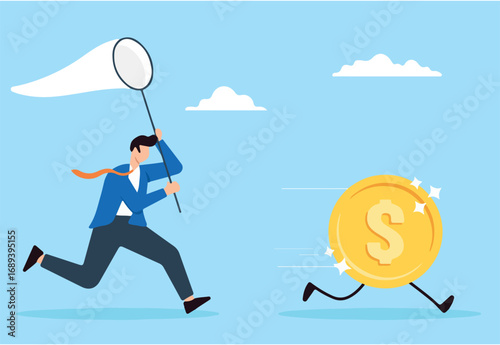 Businessman trying to catch high performance dollar coin in flat design