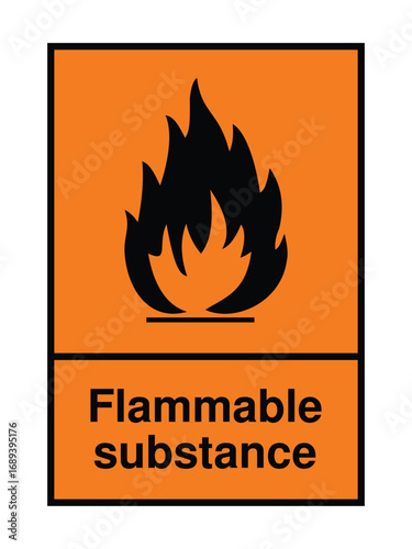 Flammable Substance Warning Sign with Label – Orange Safety Symbol for Chemical Hazards, Industrial Zones & Transport  High-Visibility Vector for Global Use