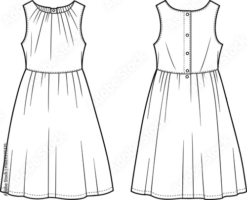 "Fashion flat sketch of sleeveless gathered dress, technical drawing of women's summer dress, front and back view, vector illustration"