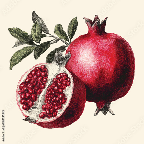 Antique Pomegranate Illustration with Fresh Seeds and Leaves Depicting Nutritional Benefits and Healthy Lifestyle choices
