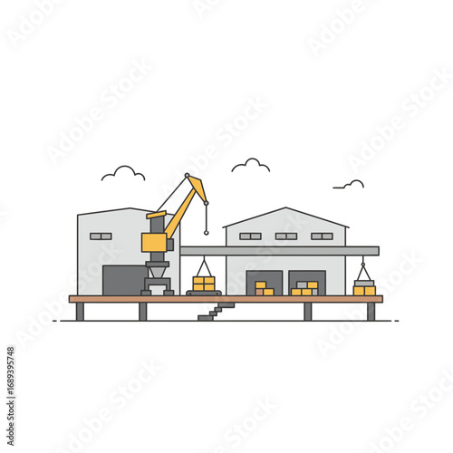 Industrial Port Facility with Crane and Warehouses