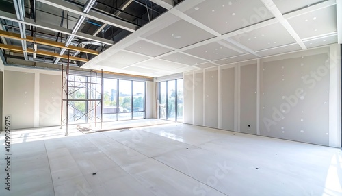 Bright, spacious interior under construction. Wallboards & ceiling panels are in place, but open ceiling structure visible above. Scaffolding near a large window. Light floods the room