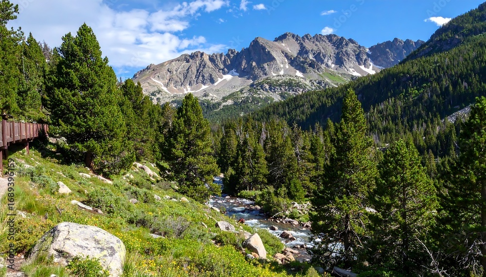 Fototapeta premium A vibrant mountain landscape, featuring a winding stream cascading through a verdant valley. 