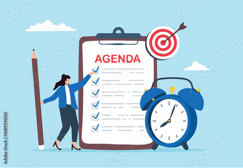 Flat illustration of smart businesswoman hold pencil write meeting agenda checklist with calendar and clock priority of important task