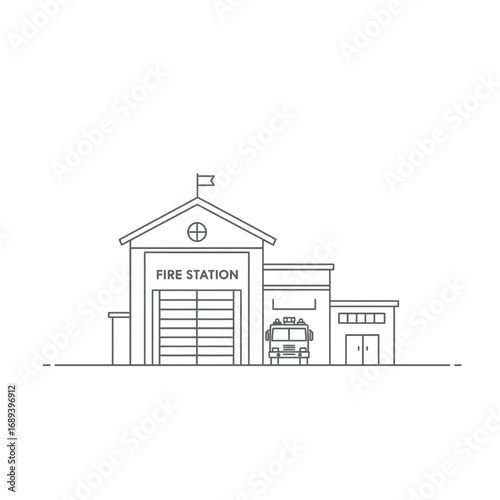 Line Art Illustration of Fire Station and Firetruck