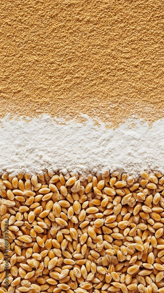 Obraz premium Wheat Grains, Flour, and Bran, High-Resolution Food Texture Image
