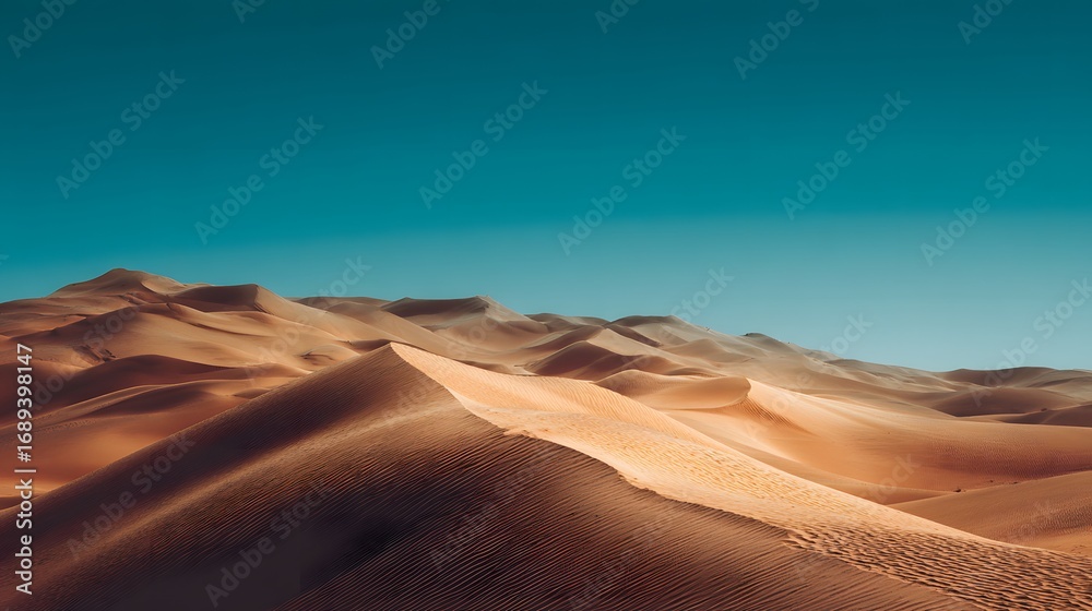 Naklejka premium Desert Sand Dunes Landscape: Arid Wilderness with Golden Sand, Sweeping Curves, and Expansive Vistas in a Tranquil Dry Climate - A Scenic Exploration of Nature's Beauty