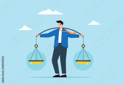 Businessman leader lifts balanced ethical scale. Concept of social responsibility, integrity to earn trust, balance and justice in leadership, principles and business ethics to do right things 
