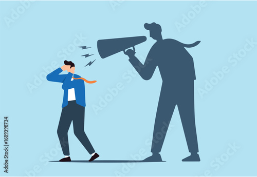 Depressed businessman self shadow blame with megaphone