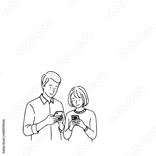 Hand-drawn illustration of a young couple focused on their smartphones, depicting modern relationships and digital dependency. Minimalist black and white vector sketch with copy space